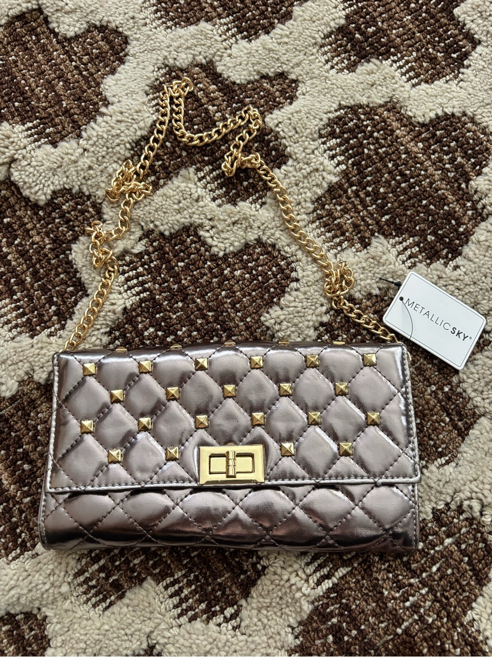 Metallic Sky Quilted Studded Shoulder Evening Bag NWT